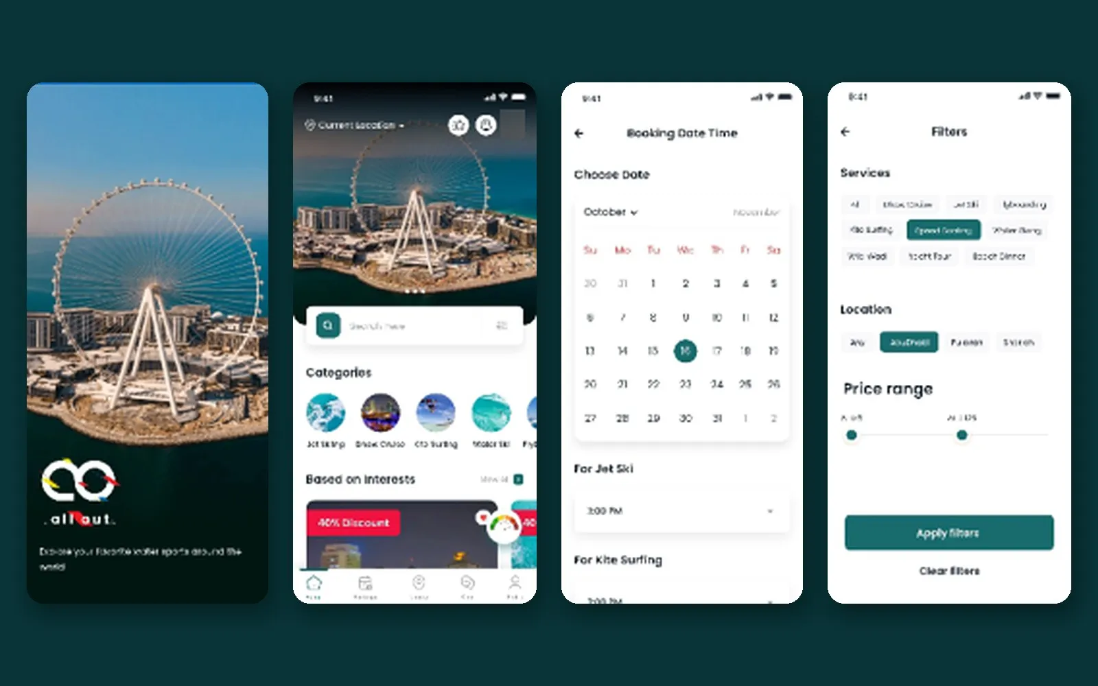 All Out app screens: welcome, home, choosing a booking date and time, and filters