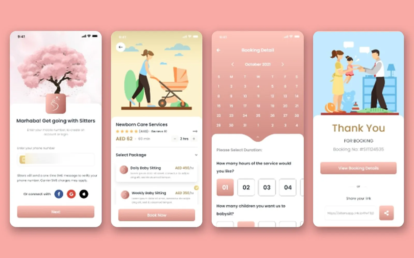 Screen designs for Sitters: welcome, services, booking calendar and thank-you screens